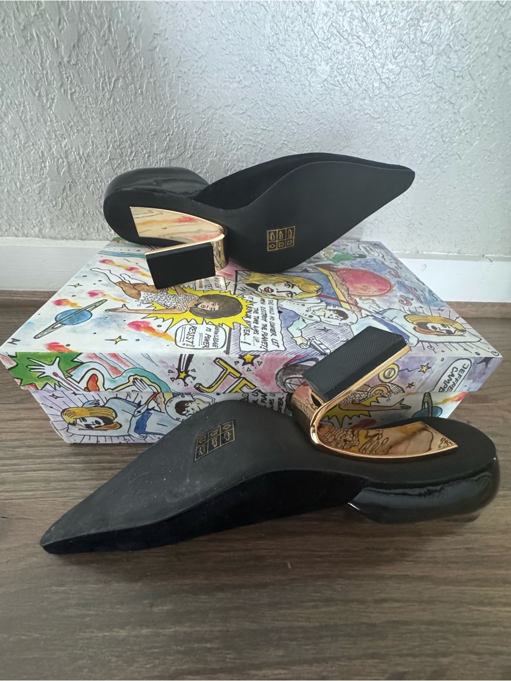 Jeffrey Campbell Black Pointed Pumps with Gold Accent Block Heel - Picture 4 of 6
